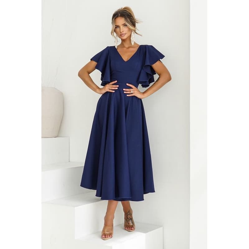 Warsaw Dress Tmavomodré midi šaty s volánovými rukávmi Veľkosť: M 1
