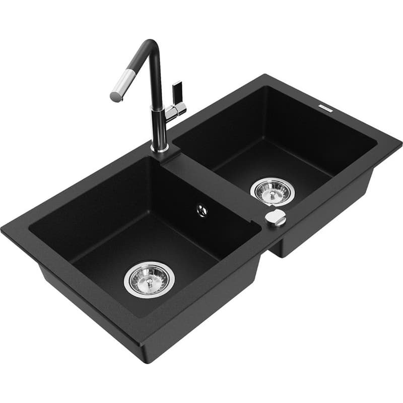 MEXEN/S MEXEN/S - Mario granitový drez 2-bowl vrátane batérie Flora, čierna 6504-77-670401-07 1