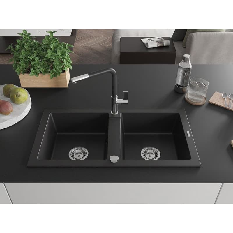 MEXEN/S MEXEN/S - Mario granitový drez 2-bowl vrátane batérie Flora, čierna 6504-77-670401-07 3