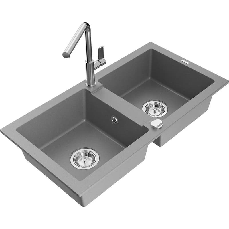 MEXEN/S MEXEN/S - Mario granitový drez 2-bowl vrátane batérie Flora, šedá 6504-71-670401-00 1