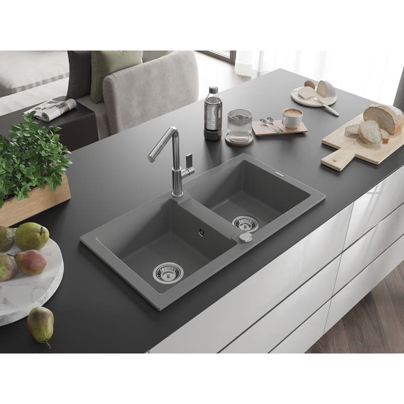 MEXEN/S MEXEN/S - Mario granitový drez 2-bowl vrátane batérie Flora, šedá 6504-71-670401-00 2