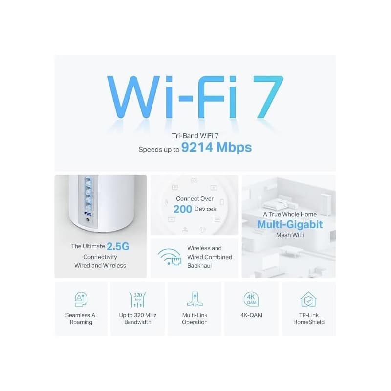 TP-Link Deco BE65(1-pack) BE9300 Trojpásmový systém Mesh WiFi 7 pre celú domácnosť, 4x 2.5GLAN, USB, 2,4/5/6GHz, HomeShi 3