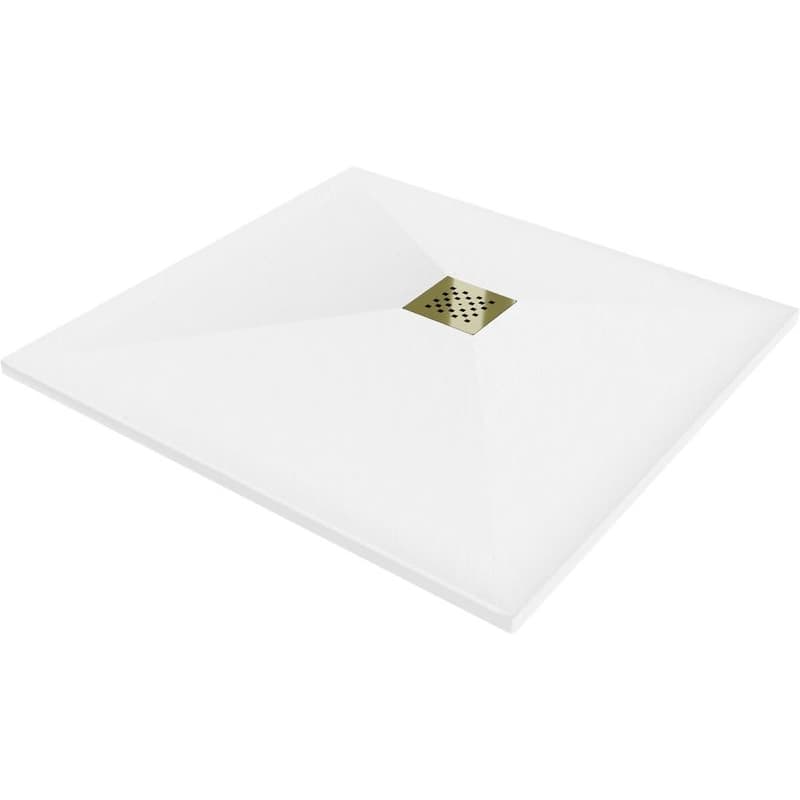 MEXEN/S - Stone+ štvorcová sprchová vanička 90 x 90, biela, mriežka zlatá 44109090-G