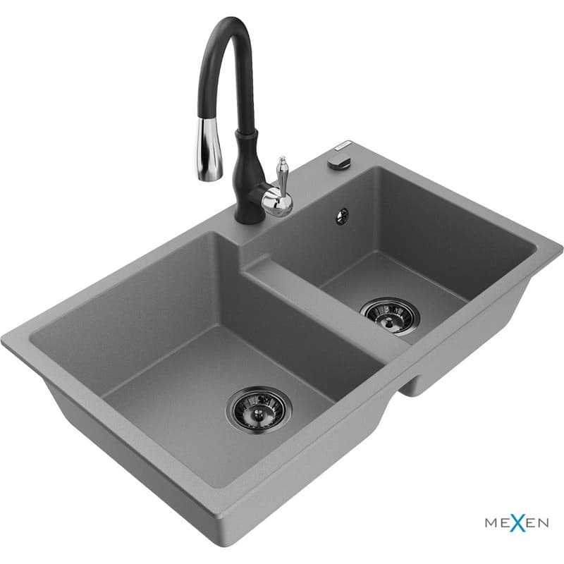 MEXEN/S MEXEN/S - Tomas granitový drez 2-bowl vrátane batérie Savita, šedá 6516-71-672601-70-B 1