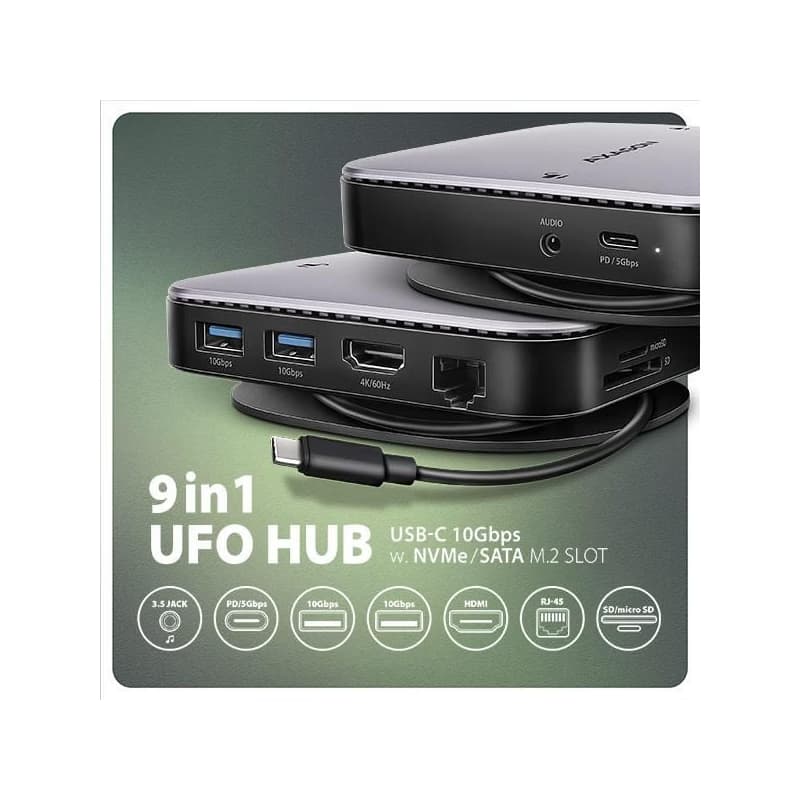 AXAGON HMC-UFO, USB 10Gbps húb, 2x USB-A, USB-C, HDMI 4k/60, RJ-45, M.2 slot, SD/mSD, audio, PD 100W, kábel USB-C 65cm 2