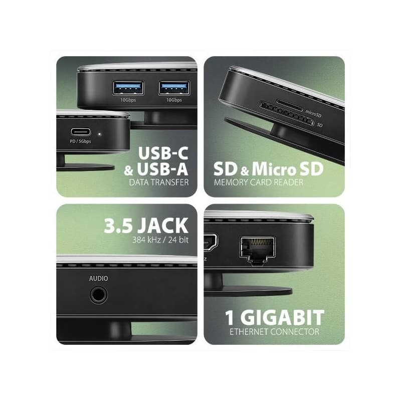 AXAGON HMC-UFO, USB 10Gbps húb, 2x USB-A, USB-C, HDMI 4k/60, RJ-45, M.2 slot, SD/mSD, audio, PD 100W, kábel USB-C 65cm 3