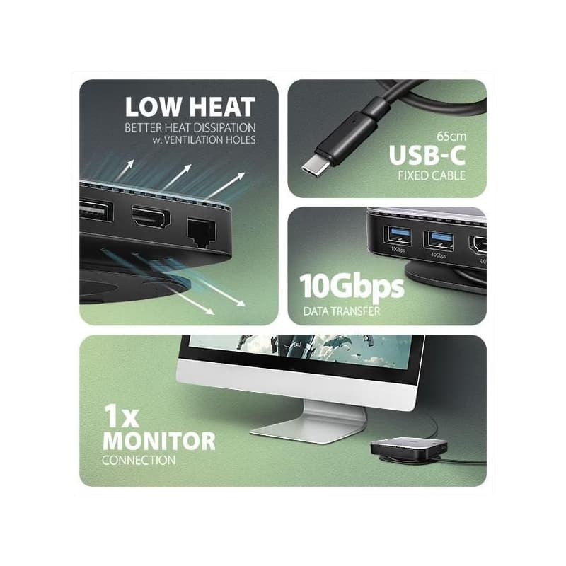 AXAGON HMC-UFO, USB 10Gbps húb, 2x USB-A, USB-C, HDMI 4k/60, RJ-45, M.2 slot, SD/mSD, audio, PD 100W, kábel USB-C 65cm 5