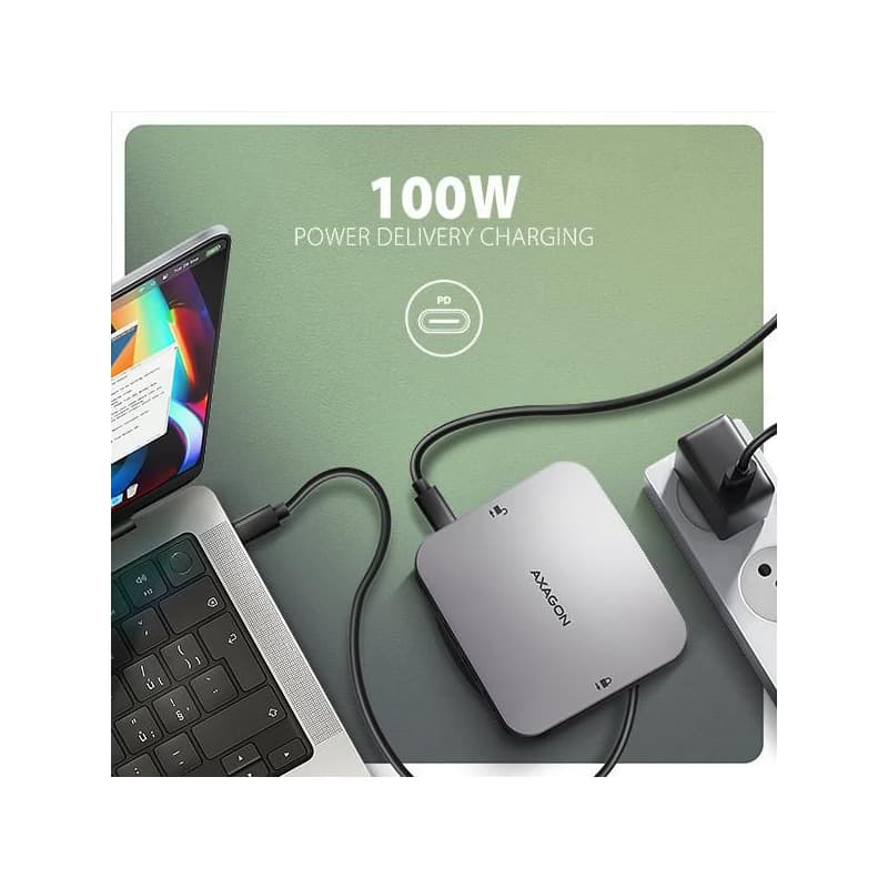 AXAGON HMC-UFO, USB 10Gbps húb, 2x USB-A, USB-C, HDMI 4k/60, RJ-45, M.2 slot, SD/mSD, audio, PD 100W, kábel USB-C 65cm 6