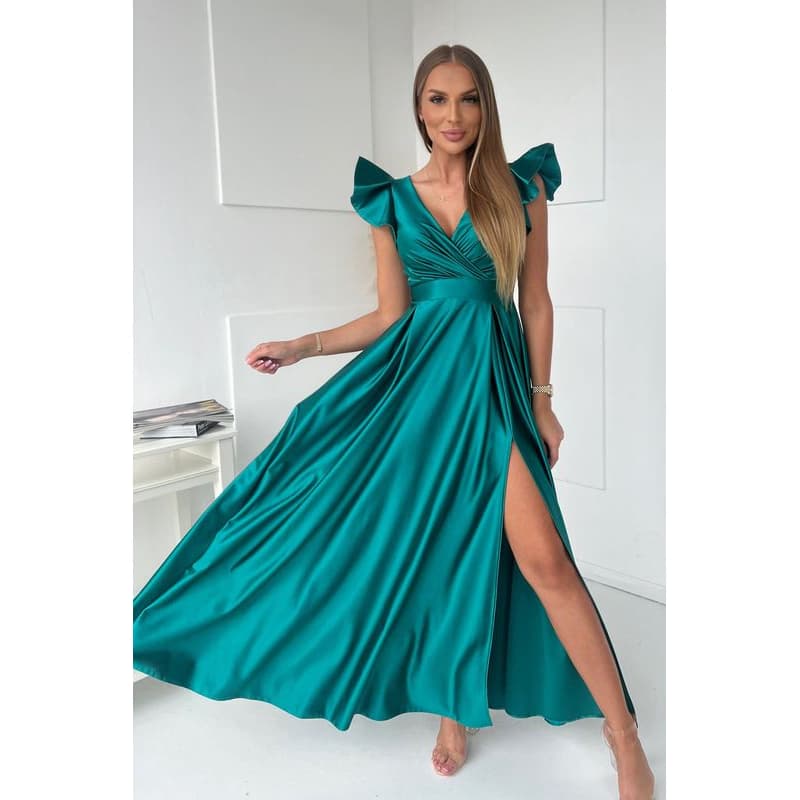 For You Fashion Zelené lesklé šaty s volánikovými rukávmi Veľkosť: M