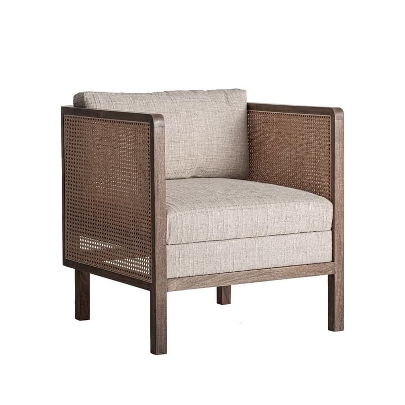 Estila Luxusné art deco ratanové vypletané kreslo Jufam z mangového hnedého dreva so štruktúrovaným textilným béžovým poťahom 77 cm 1