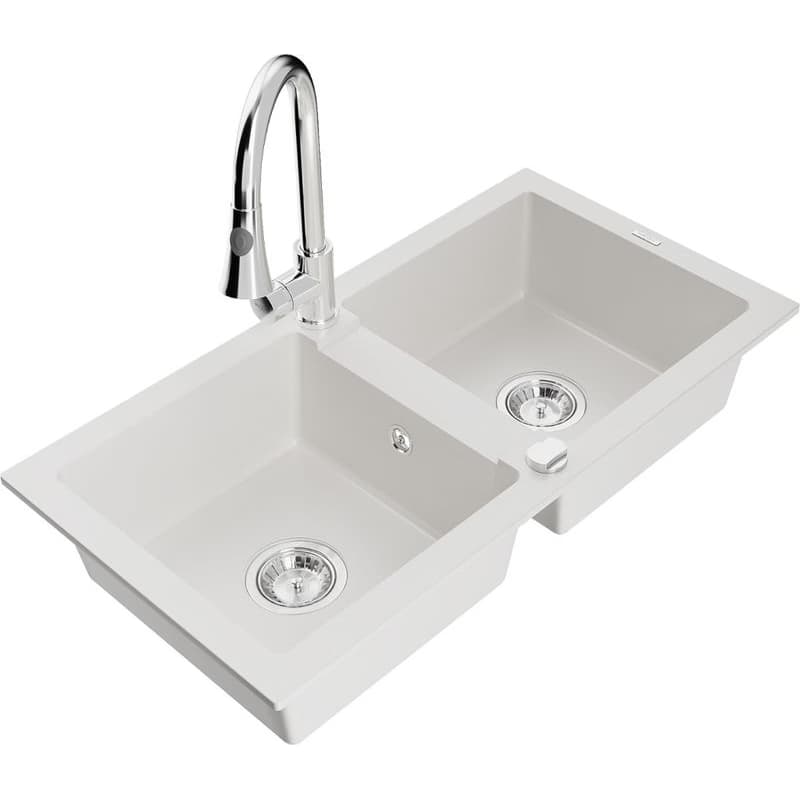 MEXEN/S MEXEN/S - Mario granitový drez 2-bowl vrátane batérie Elia, biela 6504-20-670101-00
