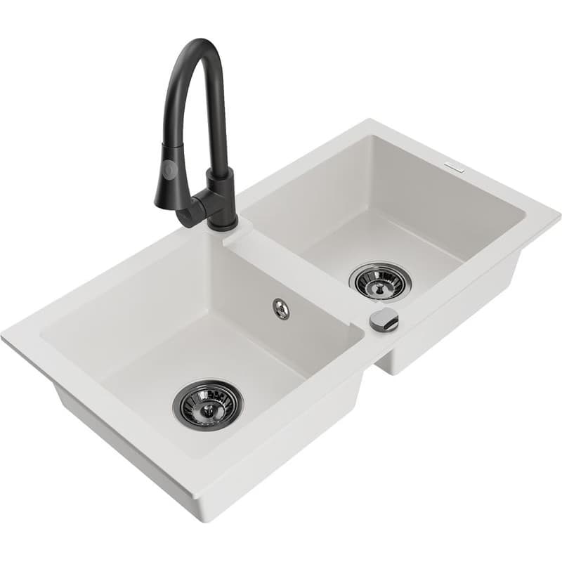 MEXEN/S MEXEN/S - Mario granitový drez 2-bowl vrátane batérie Elia, biela 6504-20-670101-70 1