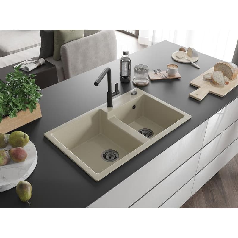 MEXEN/S MEXEN/S - Tomas granitový drez 2-bowl vrátane batérie Flora, béžová 6516-69-670401-70-B 2