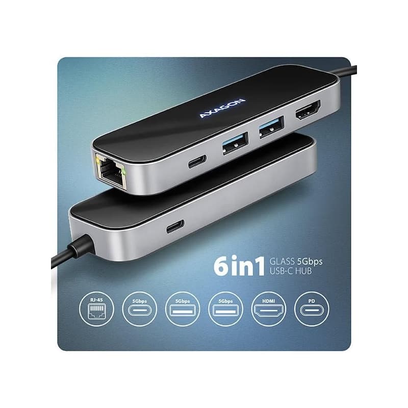 AXAGON HMC-6GLN, USB 5Gbps húb, 2x USB-A, USB-C, HDMI 4k/60Hz, RJ-45 GLAN, PD 100W, kábel USB-C 20cm 2