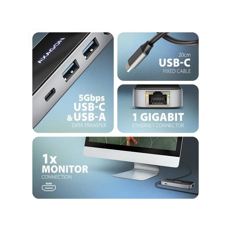 AXAGON HMC-6GLN, USB 5Gbps húb, 2x USB-A, USB-C, HDMI 4k/60Hz, RJ-45 GLAN, PD 100W, kábel USB-C 20cm 3