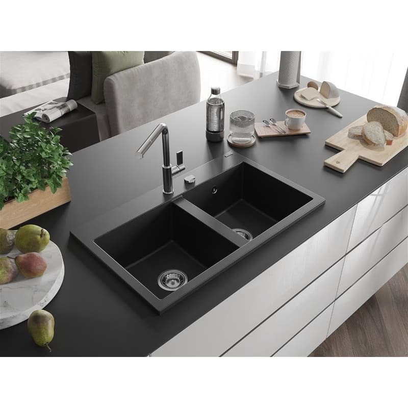 MEXEN MEXEN - Hektor granitový drez 2-bowl 800 x 480 mm, čierna, sifón chróm 6521802000-77 2