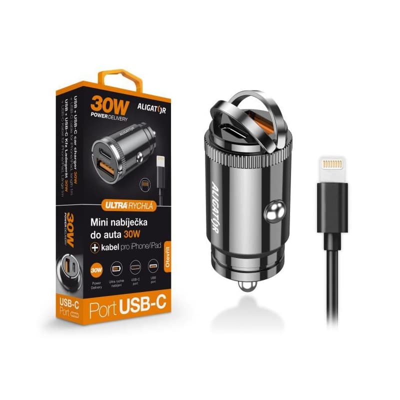 Aligator mini nabíjačka do auta Power Delivery 30W, USB-C + USB-A, USB-C kábel pre iPhone / iPad 1