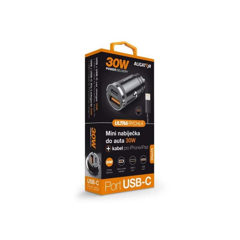 Aligator mini nabíjačka do auta Power Delivery 30W, USB-C + USB-A, USB-C kábel pre iPhone / iPad 5