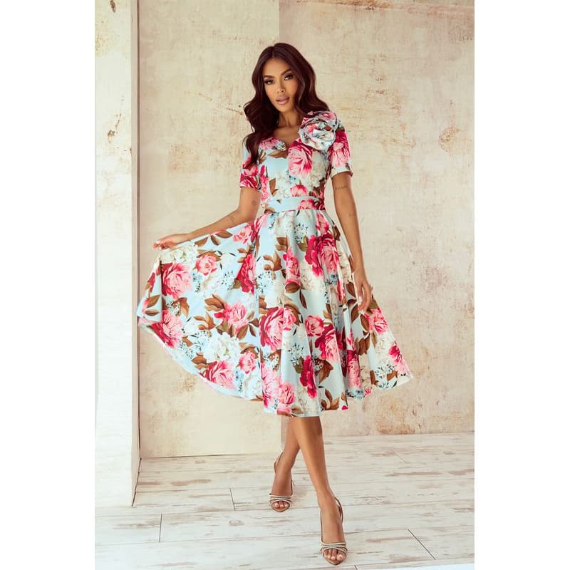 Elizabeth Collection Mentolové midi šaty s cyklámenovými kvetinami Veľkosť: XXXL 1