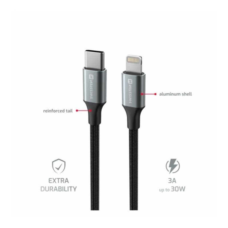 SWISSTEN DÁTOVÝ KÁBEL TEXTILE II USB-C / LIGHTNING 1,5 M ČIERNY 2