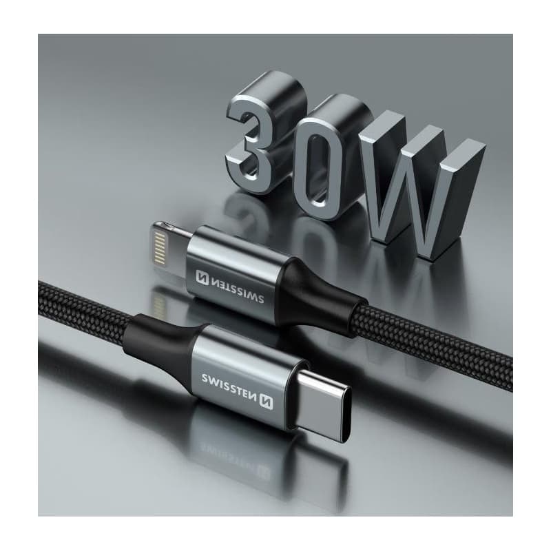SWISSTEN DÁTOVÝ KÁBEL TEXTILE II USB-C / LIGHTNING 1,5 M ČIERNY 3