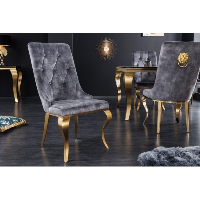Estila Baroková jedálenská stolička v modernom štýle Gold Barock zlatá / sivá s klopadlom v tvare hlavy leva 102cm