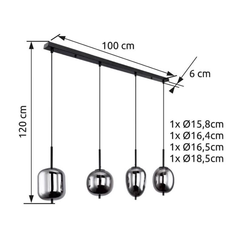 Závesná lampa Blacky, čierna/dymovo sivá, dĺžka 110 cm, 4 svetlá.