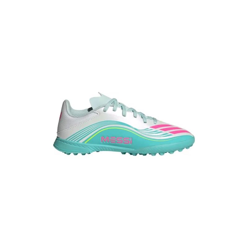 Chlapčenské futbalové kopačky turfy ADIDAS F50 Messi Club Jr TF cloud white lucid pink flash aqua 1