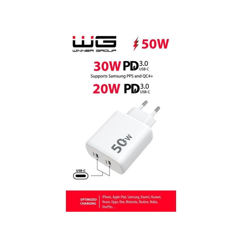WG - Sieťová nabíjačka 2x USB-C 50W, 1x USB-C PD 30W + 1x USB-C PD 20W, biela 2