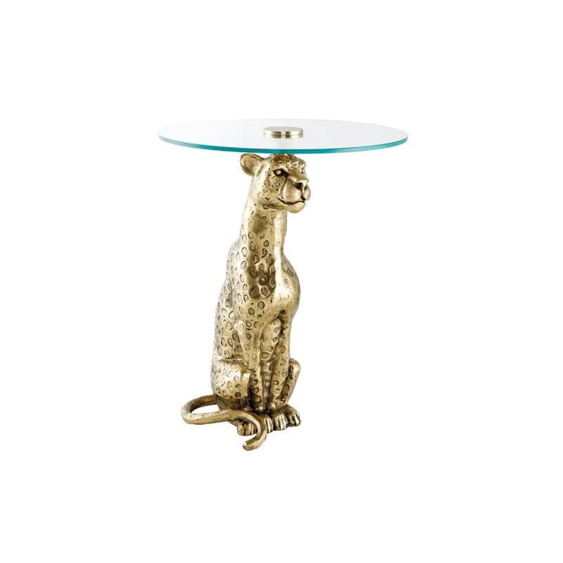 Estila Štýlový art deco sklenený okrúhly príručný stolík Tierra Glam s nohou v podobe pantera v antickej zlatej farbe 60 cm 1