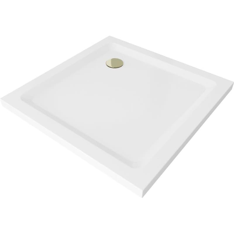MEXEN/S - Flat sprchová vanička štvorcová slim 70 x 70, biela + zlatý sifón 40107070G