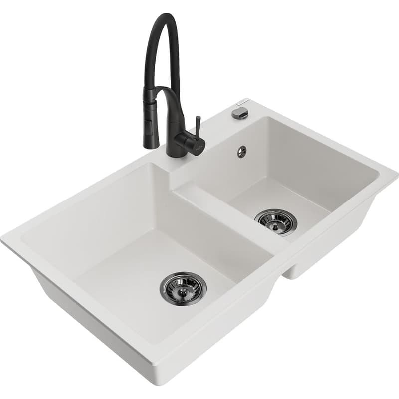 MEXEN/S MEXEN/S - Tomas granitový drez 2-bowl vrátane batérie Aster, biela 6516-20-73450-70-B 1