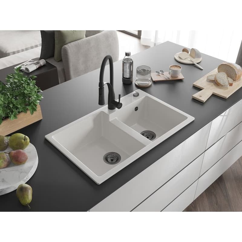 MEXEN/S MEXEN/S - Tomas granitový drez 2-bowl vrátane batérie Aster, biela 6516-20-73450-70-B 2