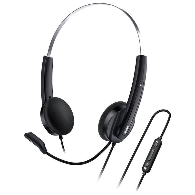 Genius HS-220U AI, Headset, náhlavný, drôtový, s mikrofónom, ovládanie hlasitosti, Copilot, 1× USB-C, čierno-strieborná