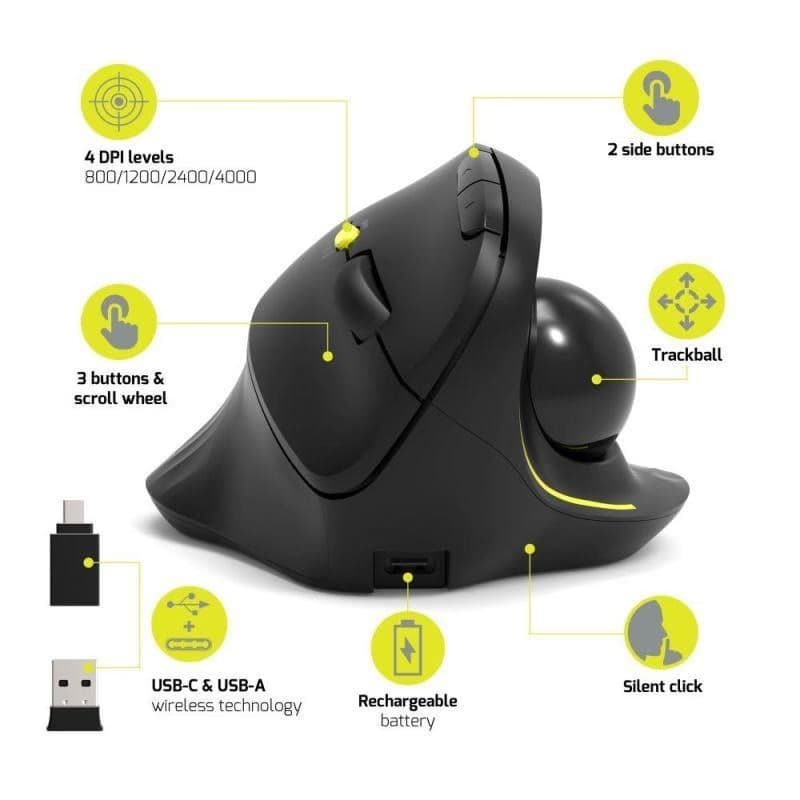 PORT bezdrôtová ergonomická myš ERGONOMIC TRACKBALL, 2, 4 Ghz & Bluetooth, USB-A/C, čierna 2