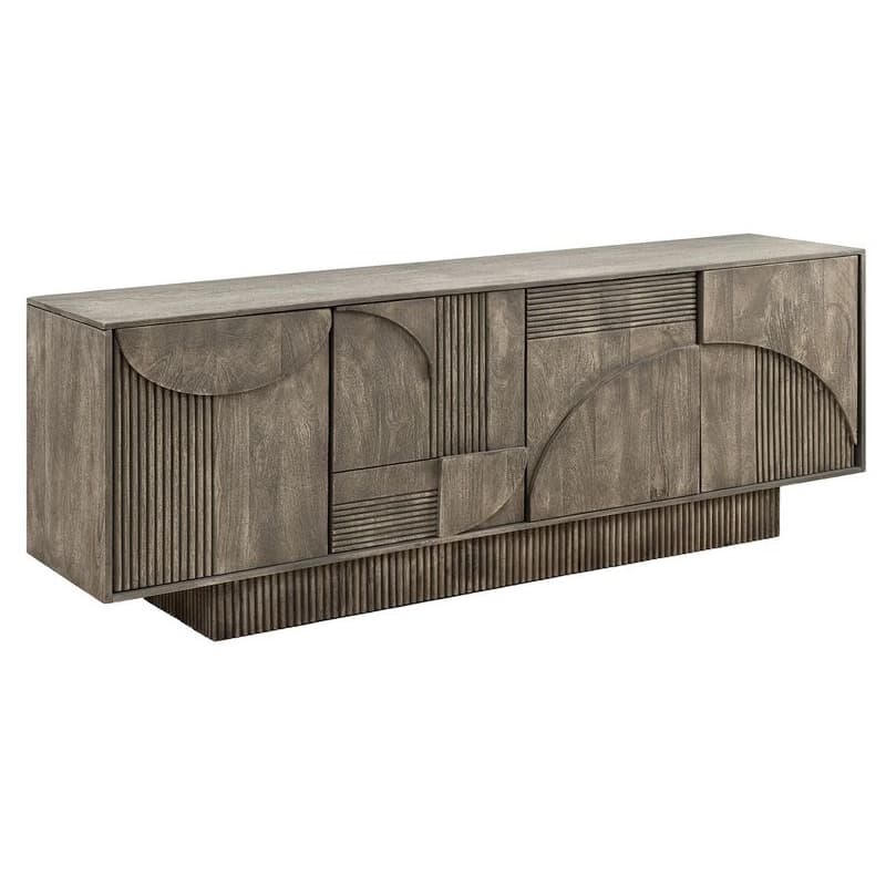 Estila Dizajnový sivý art deco obdĺžnikový príborník Sonia z mangového dreva so štyrmi dvierkami s geometrickým reliéfom 170 cm 1