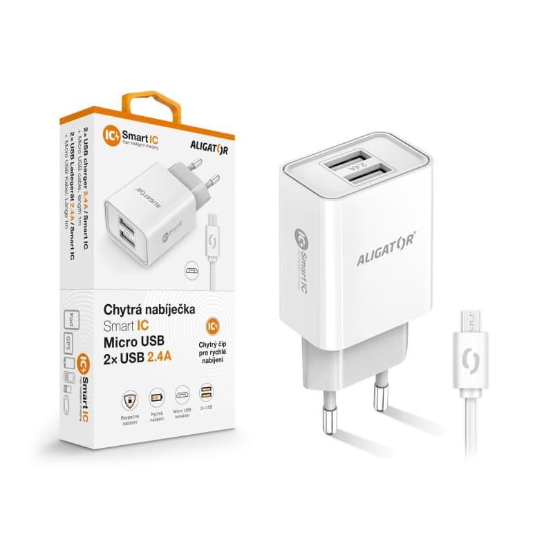 Múdra sieťová nabíjačka ALIGATOR 2,4A, 2xUSB, smart IC, biela, micro USB kábel 1