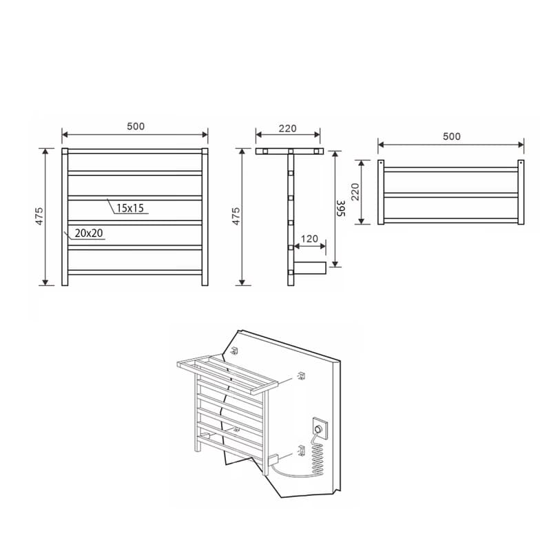 SAPHO - ELZOR elektrický sušiak uterákov 500x470 60 W, biela mat EB500 2
