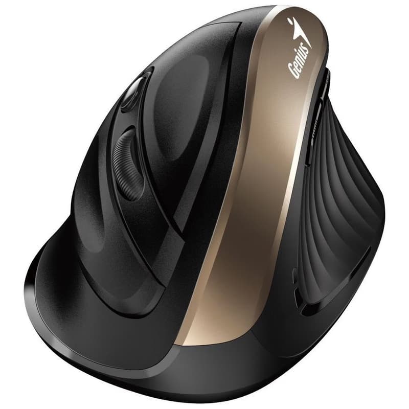 Genius Ergo 8250S, Myš, bezdrôtová, vertikálna, 1600DPI, 6 tlačidiel, tichá, čierno-zlatá