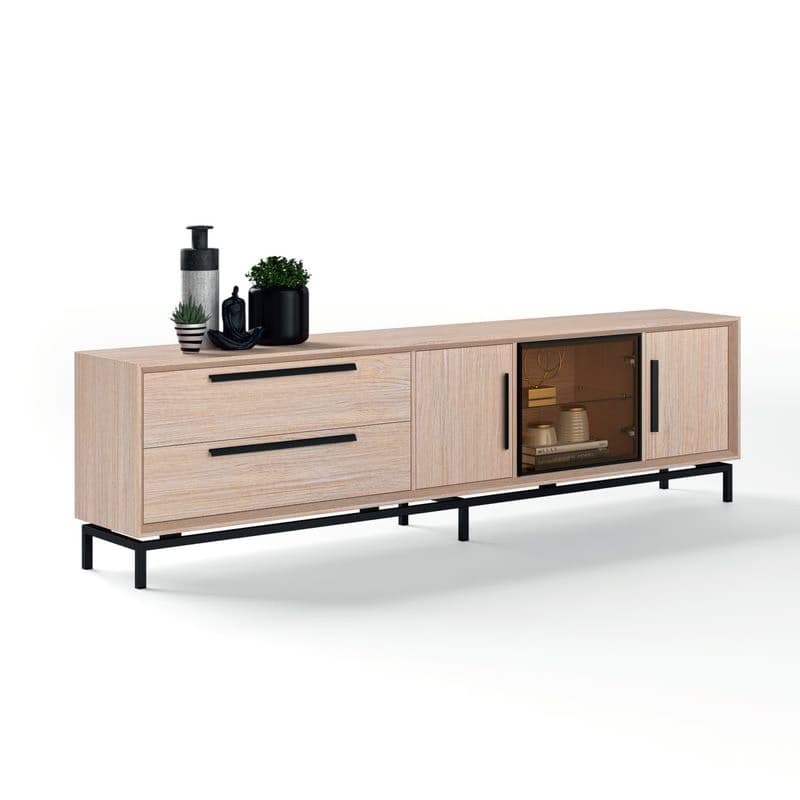 Estila Moderný TV stolík Estoril zásuvkami a dvierkami z masívu a skla na nožičkách 233cm 1