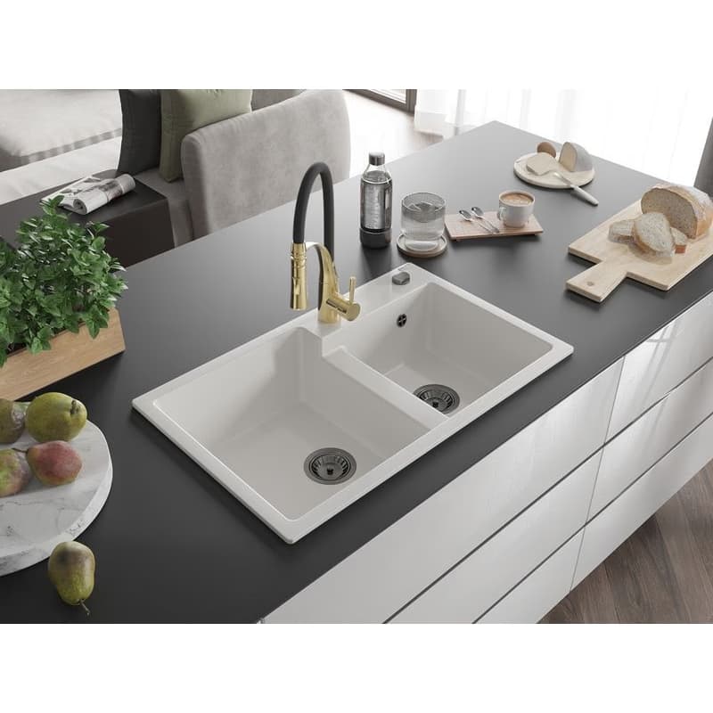 MEXEN/S MEXEN/S - Tomas granitový drez 2-bowl vrátane batérie Aster, biela 6516-20-73450-57-B 2