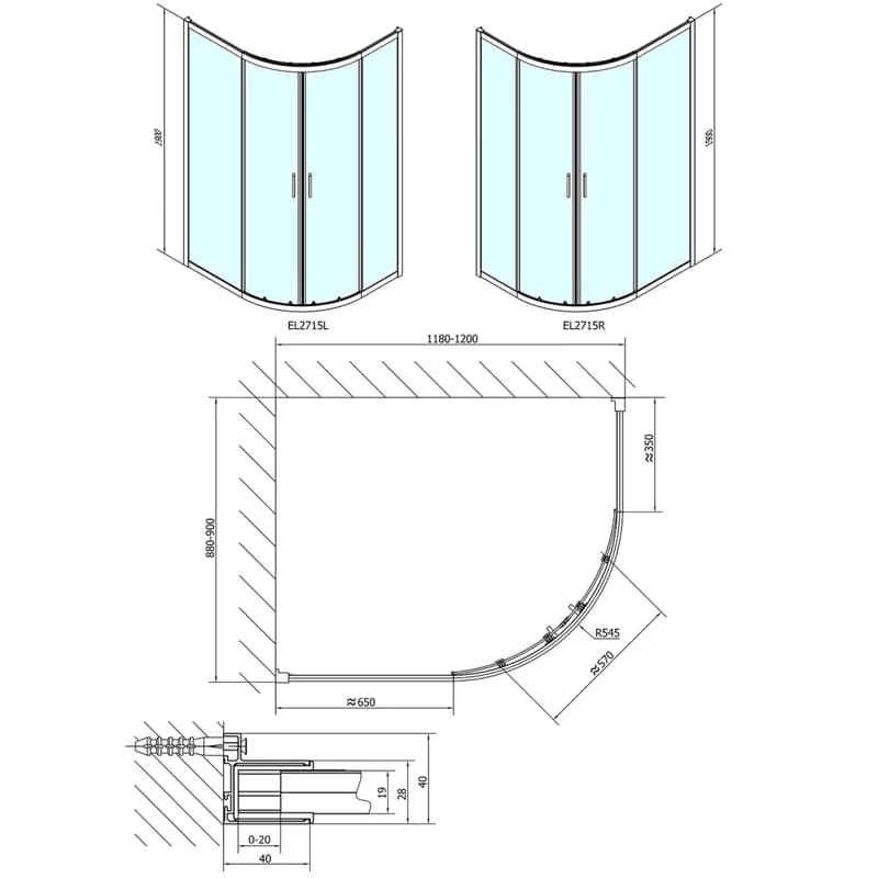 POLYSAN - EASY štvrťkruhová sprchová zástena 1200x900, L/R, číre sklo EL2715 2