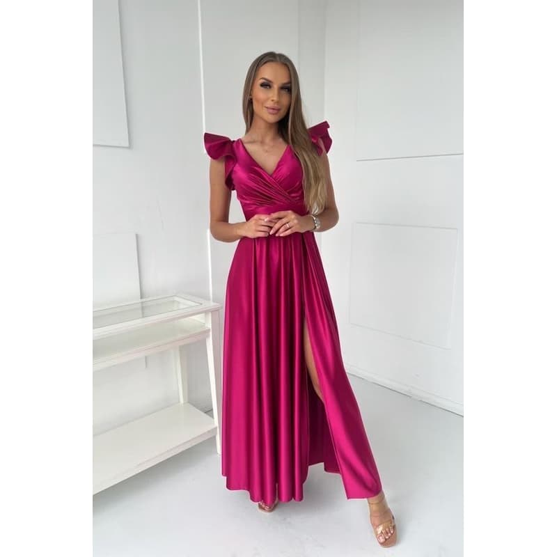 For You Fashion Cyklámenové lesklé šaty s volánikovými rukávmi Veľkosť: XXL 1