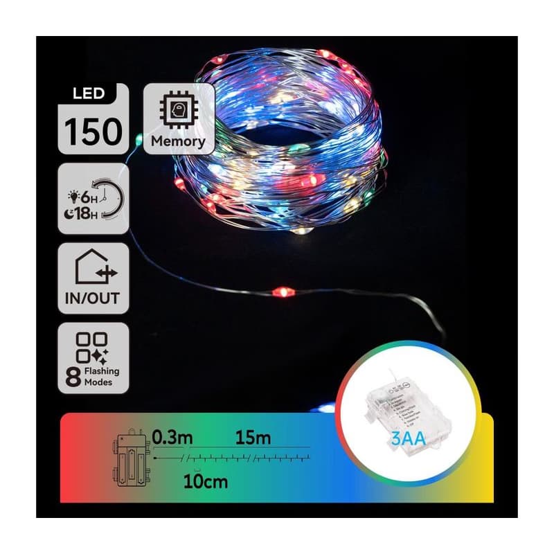 B.V.  - LED vonkajší svetelný reťaz 150× LED / 8 funkcií / 3×AA / 15,3 m / IP44 B10303K1H 1