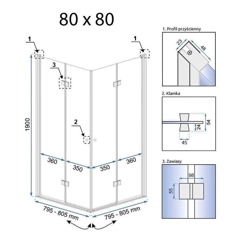 REA/S - Skladací sprchovací kút FOLD N2 80x80 KPL-K7443 2