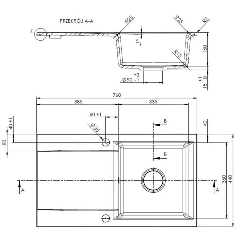 INVENA INVENA - Granitový drez TESALIA dlhý odkvap, čierny s automatickým sifónom, chróm AZ-01-043-B 2
