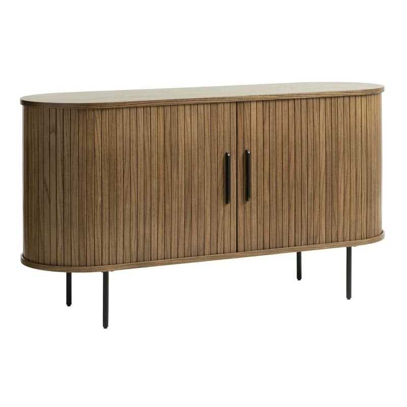 Estila Retro tmavý hnedý dubový príborník Bornholm oválneho tvaru s dvomi posuvnými dvierkami s vertikálnym lamelovým zdobením 140 cm 1