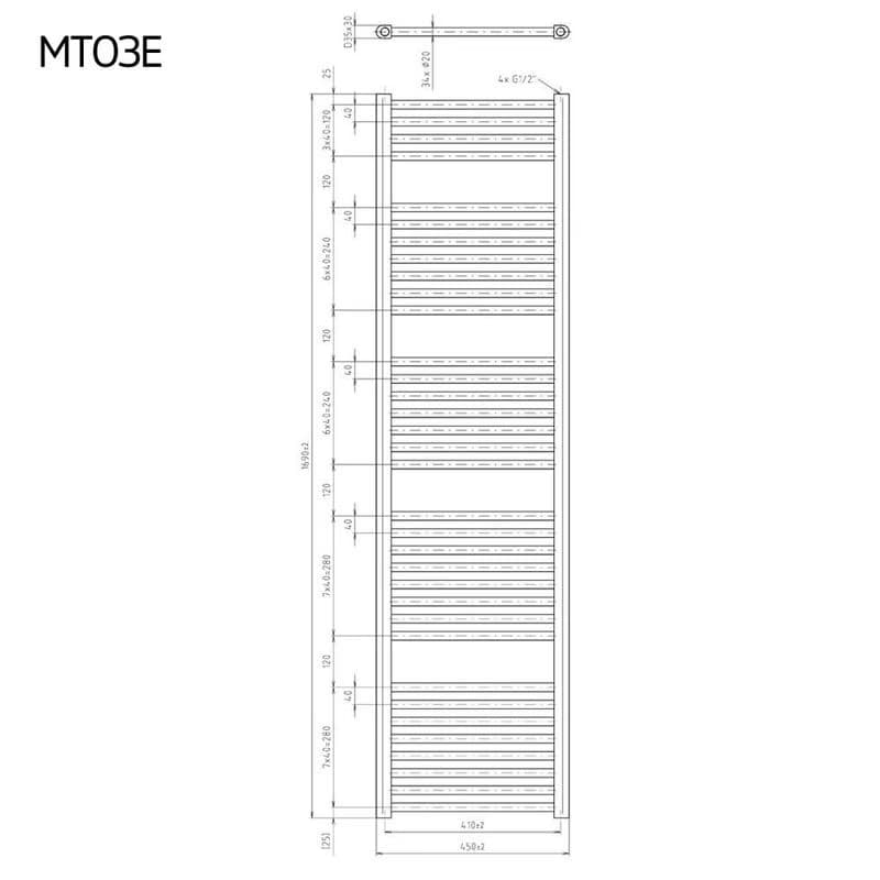Mereo Vykurovací rebrík rovný 450x1690 mm, biely, elektrický MT03E 2