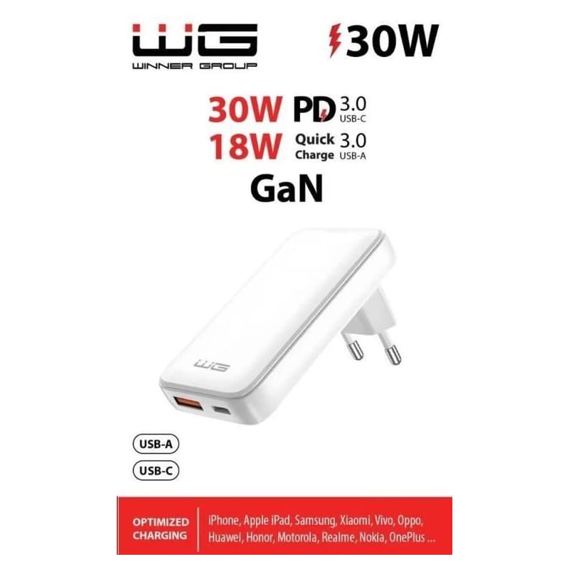 WG - Sieťová nabíjačka GaN 2x USB, 1x USB-C 30W + 1x USB-A 18W, white 4