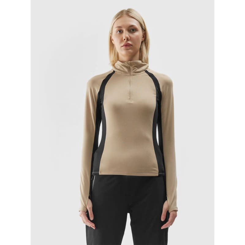 Dámska zateplená lyžiarska mikina s 1 2 zipsom 4F BRUSHED UNDERWEAR-AW23UBRUF042-82S-LIGHT BROWN 2